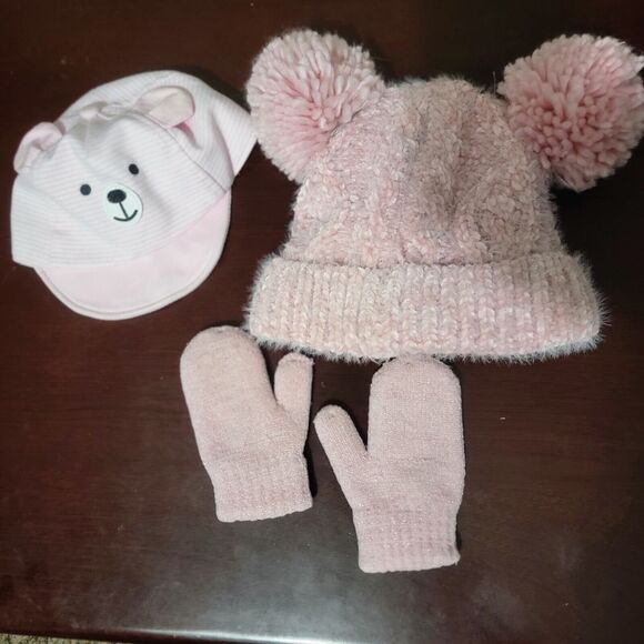 Toddler Girl Winter Hat And Mittens Bundle Pink Beanie w Ears, Teddy Bear (GW) - Picture 12 of 12
